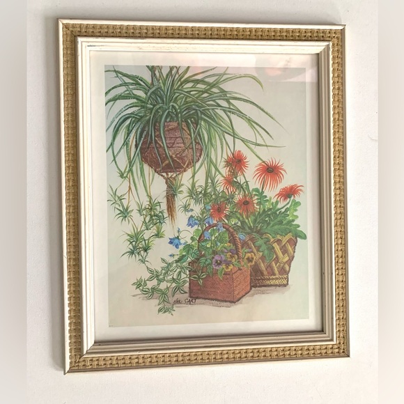 VTG 70s Nel Cary Cane Framed Art Matted Botanical Cottage Core Art Deco Boho MCM - Picture 1 of 8
